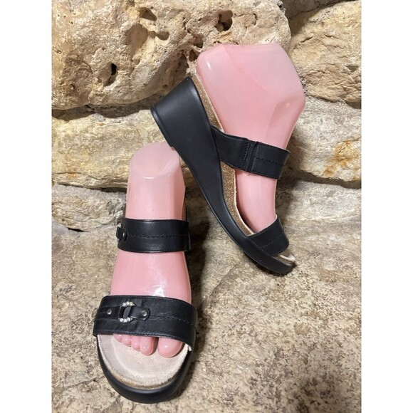 MEPHISTO Air Relax Naiade Black Leather Wedge 2 Strap Rhinestone Sandals 38 7.5 - Picture 7 of 11